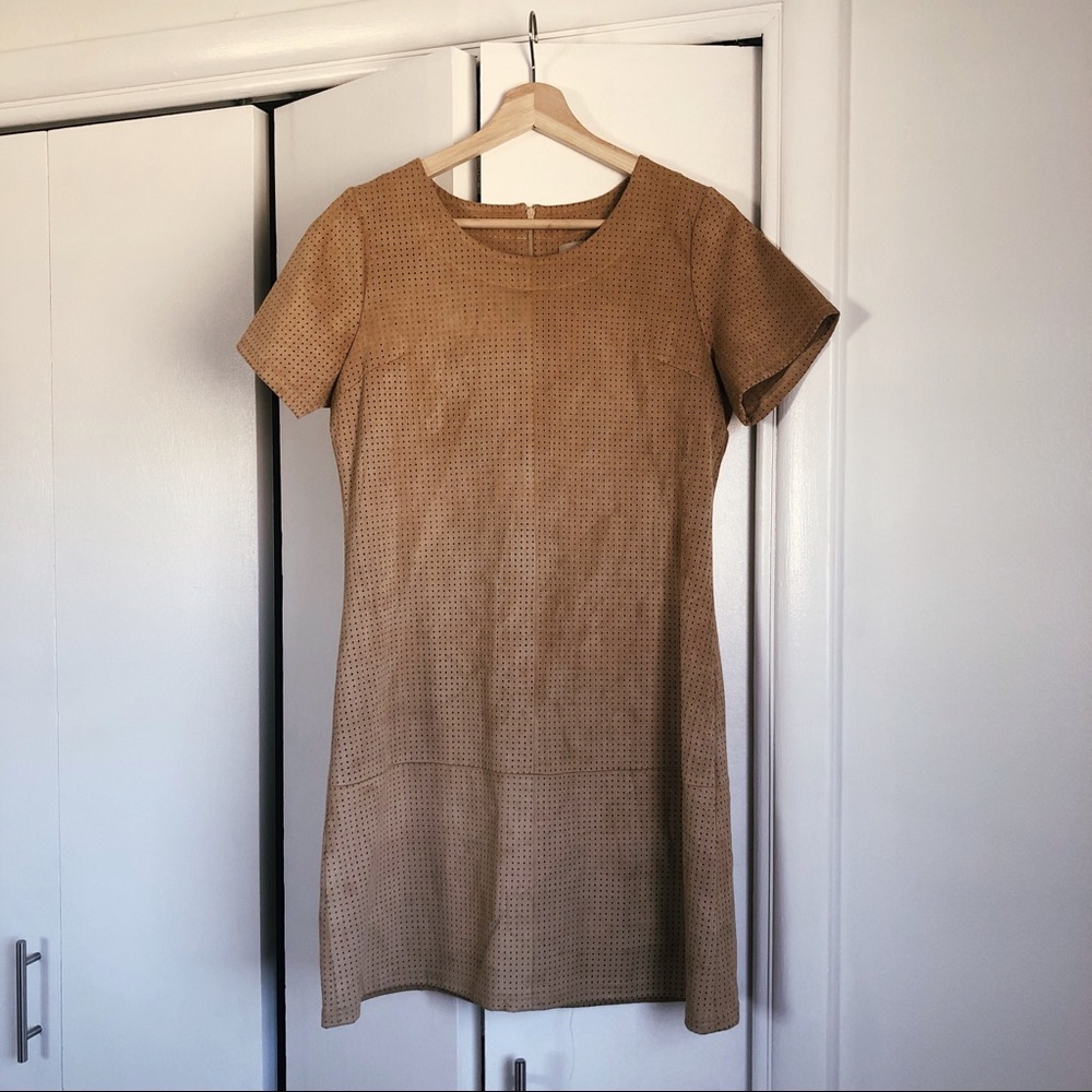 Suede look perforated tan mini dress